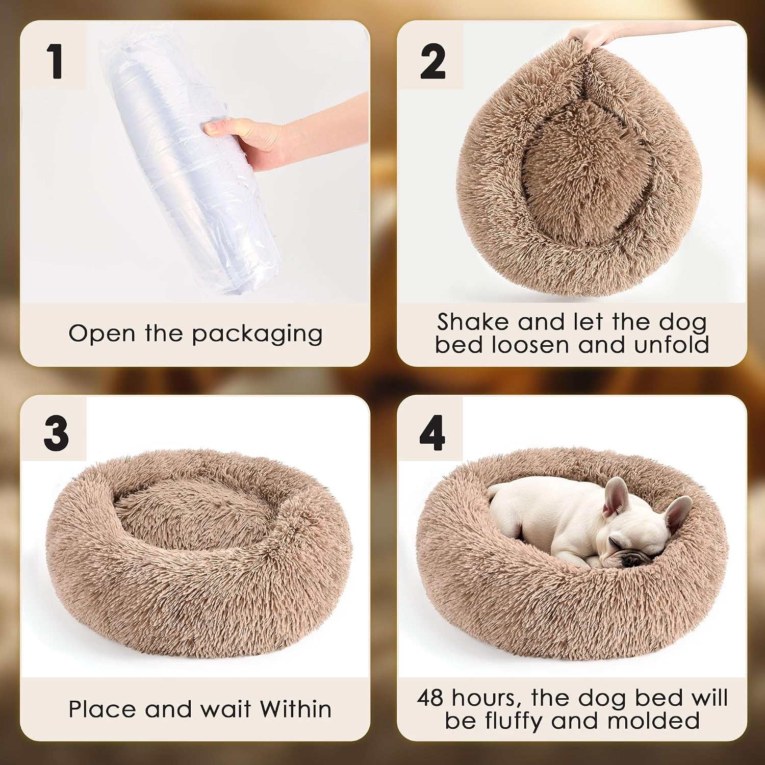 Dog & Cat Bed for Indoor Cats, 20in Calming Donut Bed for Puppy and Kitten, Washable Round Fluffy Pet Bed for Small Medium Dogs and Cats (Light Grey)