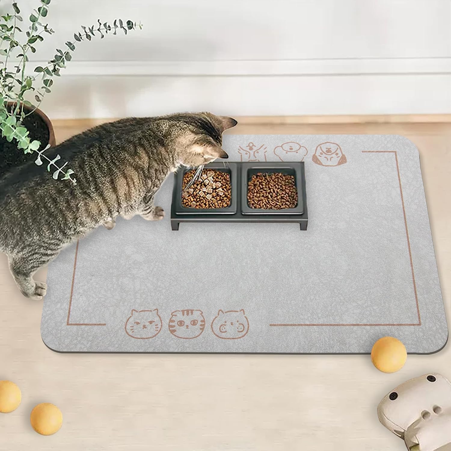 Cat Food Mat for Pet Dog Feeting Mats, Cat Mat for Food and Water, Non-Slip Super Absorbent, with Multiple cat Heads Logo .18.1 x 11.8 inches, Dark Grey