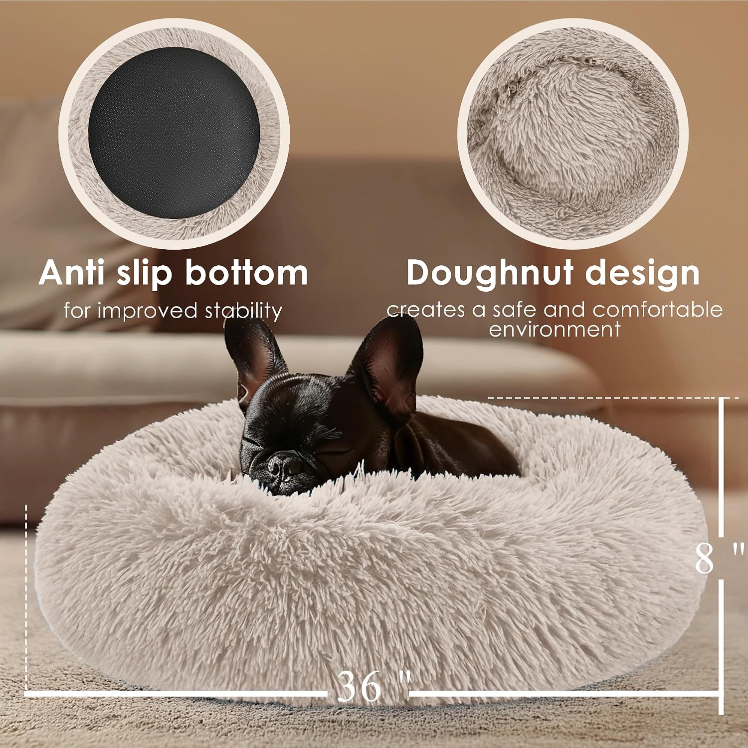 Dog & Cat Bed for Indoor Cats, 20in Calming Donut Bed for Puppy and Kitten, Washable Round Fluffy Pet Bed for Small Medium Dogs and Cats (Light Grey)