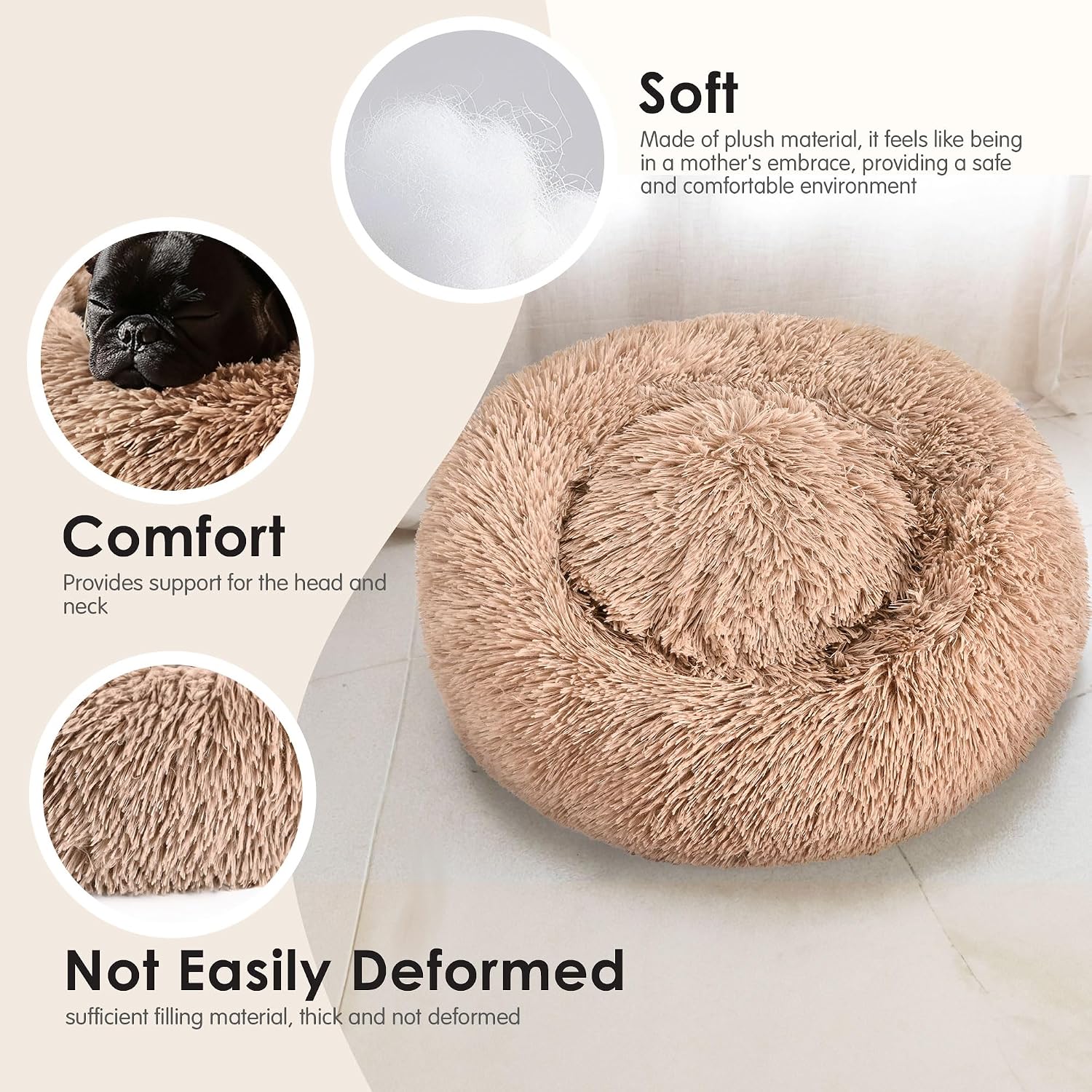 Dog & Cat Bed for Indoor Cats, 20in Calming Donut Bed for Puppy and Kitten, Washable Round Fluffy Pet Bed for Small Medium Dogs and Cats (Light Grey)