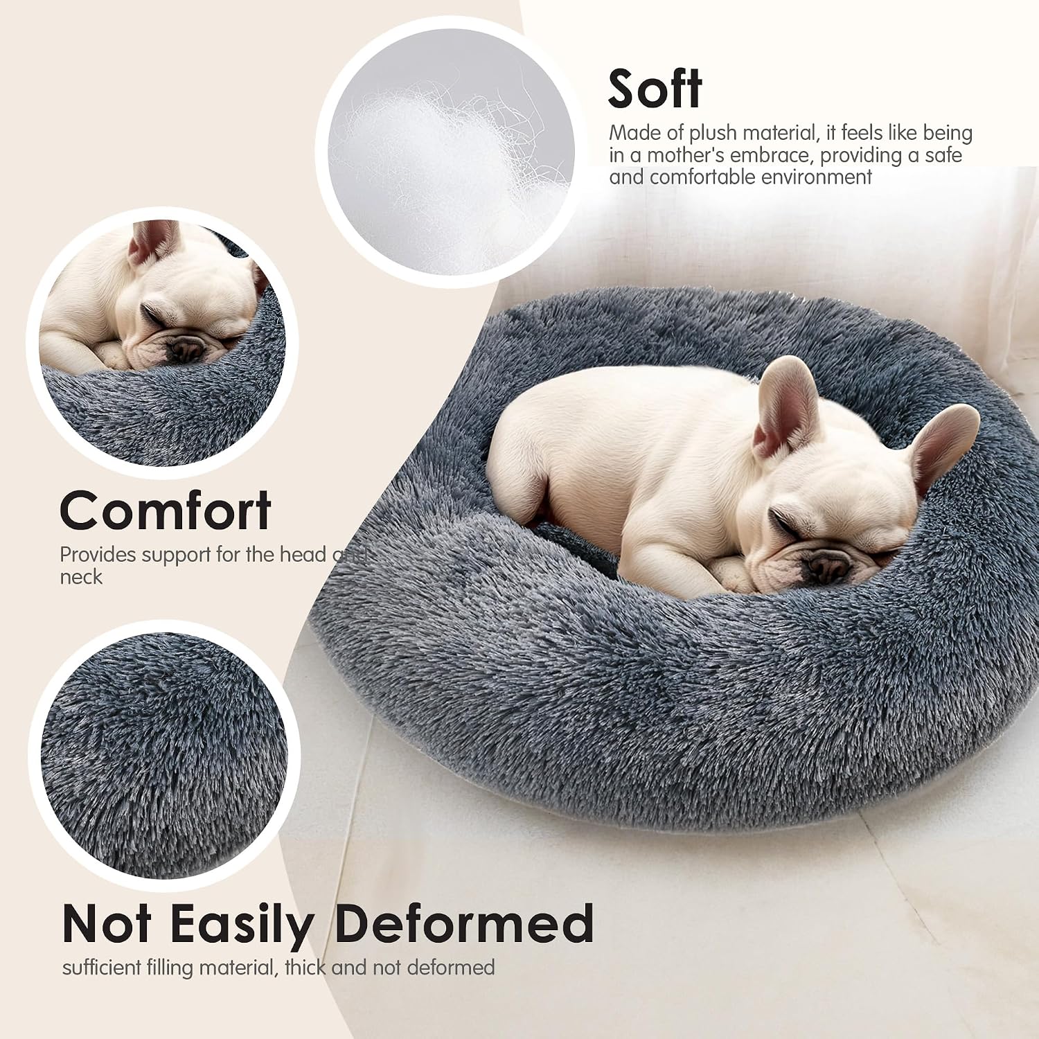 Dog & Cat Bed for Indoor Cats, 20in Calming Donut Bed for Puppy and Kitten, Washable Round Fluffy Pet Bed for Small Medium Dogs and Cats (Light Grey)