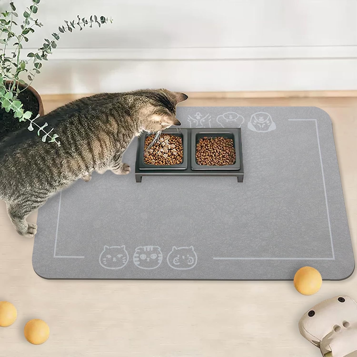 Cat Food Mat for Pet Dog Feeting Mats, Cat Mat for Food and Water, Non-Slip Super Absorbent, with Multiple cat Heads Logo .18.1 x 11.8 inches, Dark Grey