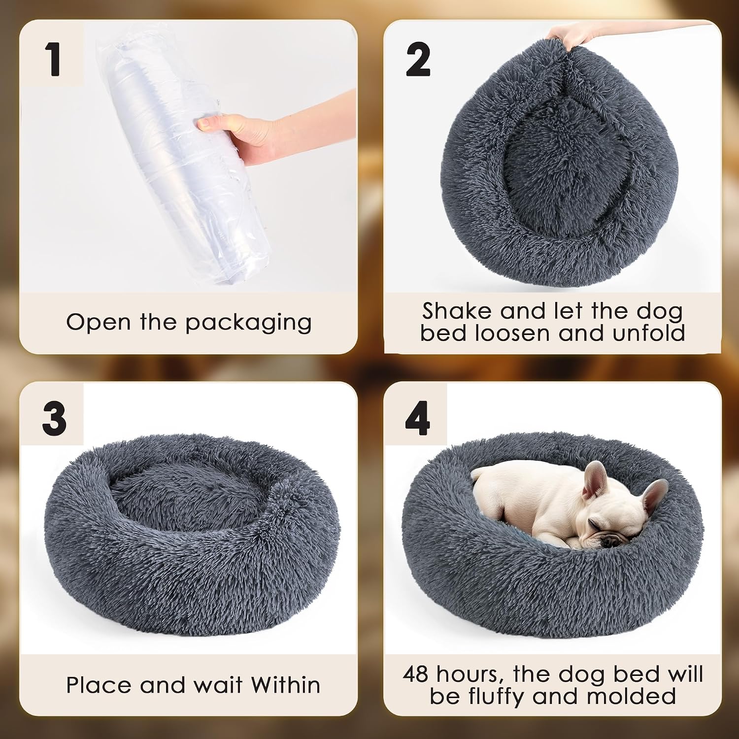 Dog & Cat Bed for Indoor Cats, 20in Calming Donut Bed for Puppy and Kitten, Washable Round Fluffy Pet Bed for Small Medium Dogs and Cats (Light Grey)