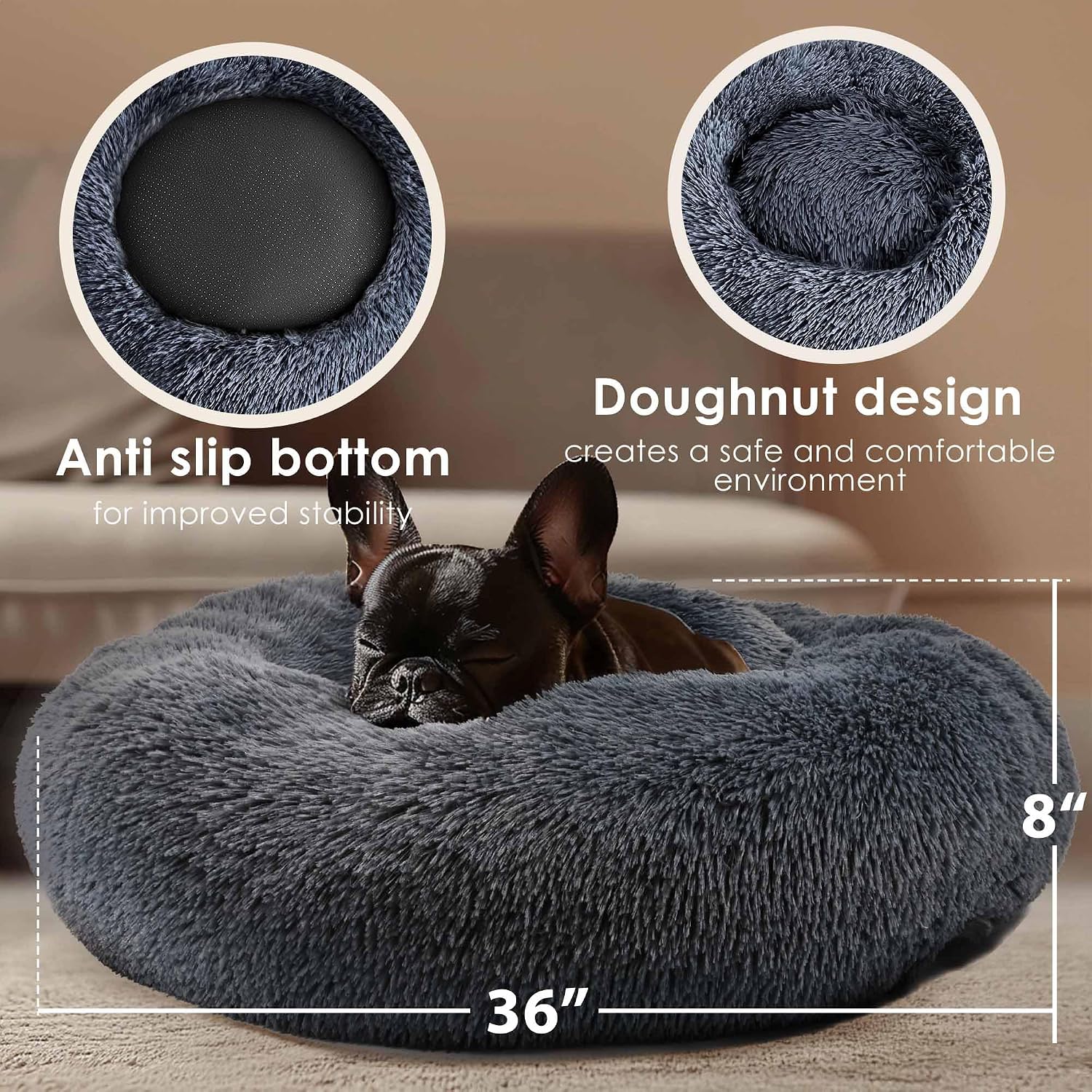 Dog & Cat Bed for Indoor Cats, 20in Calming Donut Bed for Puppy and Kitten, Washable Round Fluffy Pet Bed for Small Medium Dogs and Cats (Light Grey)