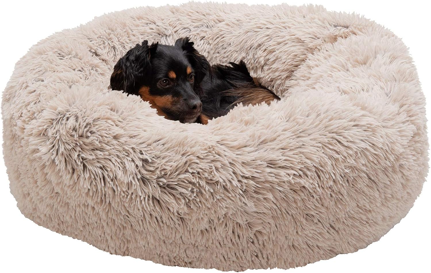 30" Round Calming Donut Dog Bed for Medium/Small Dogs, Refillable w/ Removable Washable Cover, For Dogs Up to 45 lbs - Shaggy Plush Long Faux Fur Donut Bed - Taupe, Medium