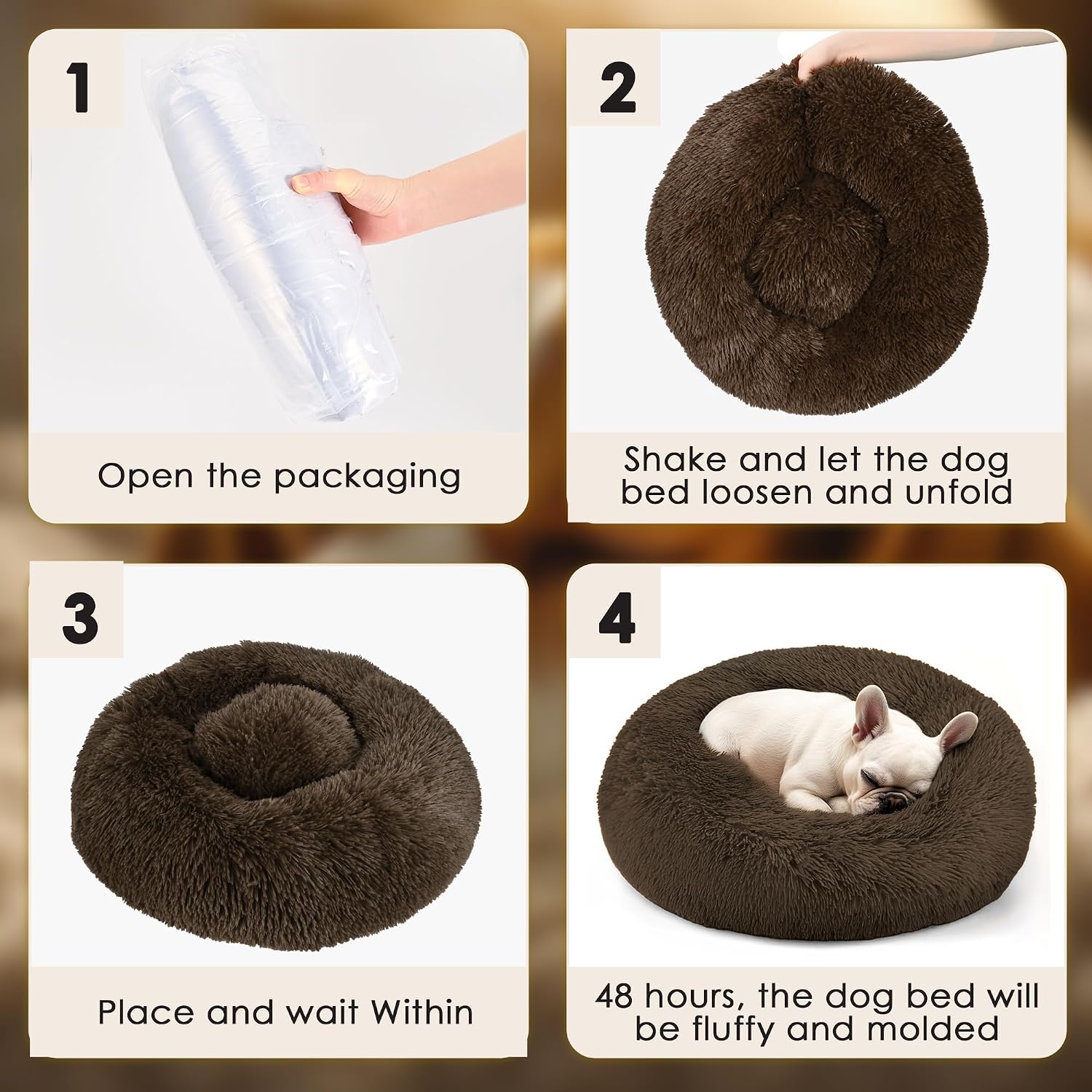 Dog & Cat Bed for Indoor Cats, 20in Calming Donut Bed for Puppy and Kitten, Washable Round Fluffy Pet Bed for Small Medium Dogs and Cats (Light Grey)