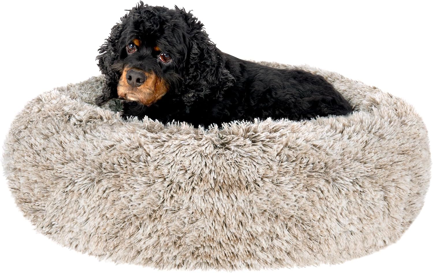 30" Round Calming Donut Dog Bed for Medium/Small Dogs, Refillable w/ Removable Washable Cover, For Dogs Up to 45 lbs - Shaggy Plush Long Faux Fur Donut Bed - Taupe, Medium