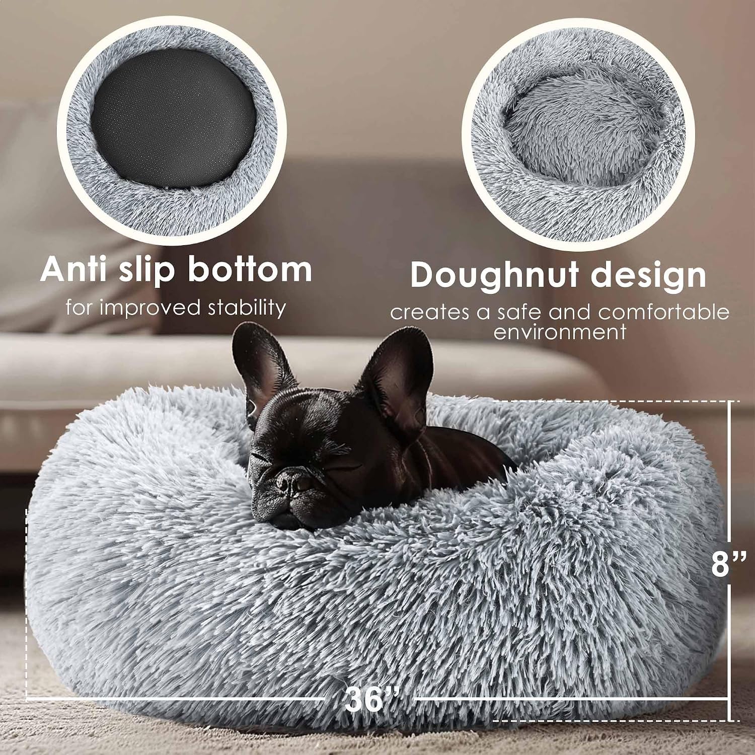 Dog & Cat Bed for Indoor Cats, 20in Calming Donut Bed for Puppy and Kitten, Washable Round Fluffy Pet Bed for Small Medium Dogs and Cats (Light Grey)