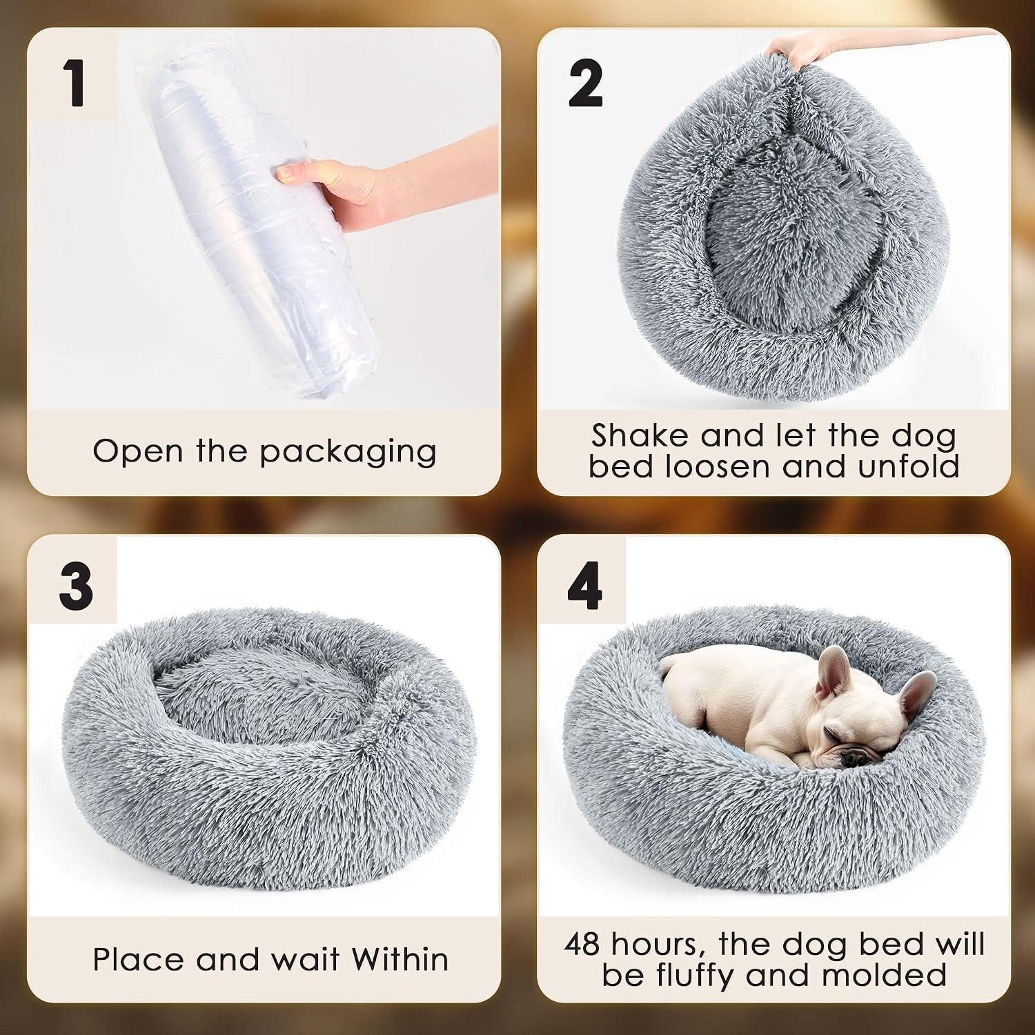 Dog & Cat Bed for Indoor Cats, 20in Calming Donut Bed for Puppy and Kitten, Washable Round Fluffy Pet Bed for Small Medium Dogs and Cats (Light Grey)