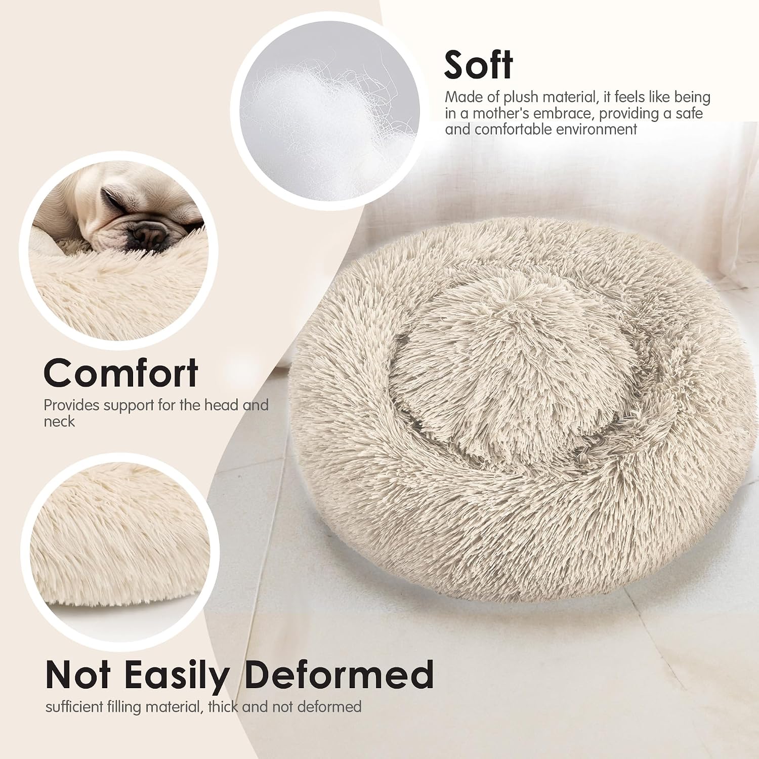Dog & Cat Bed for Indoor Cats, 20in Calming Donut Bed for Puppy and Kitten, Washable Round Fluffy Pet Bed for Small Medium Dogs and Cats (Light Grey)