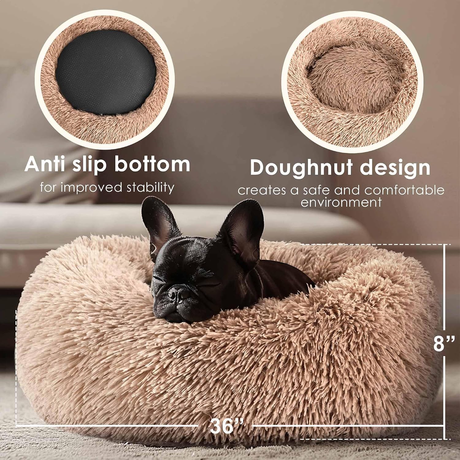 Dog & Cat Bed for Indoor Cats, 20in Calming Donut Bed for Puppy and Kitten, Washable Round Fluffy Pet Bed for Small Medium Dogs and Cats (Light Grey)