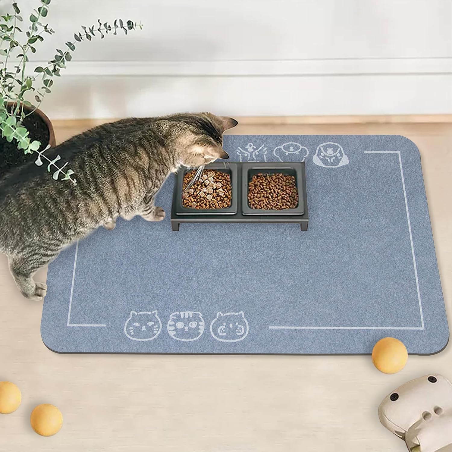 Cat Food Mat for Pet Dog Feeting Mats, Cat Mat for Food and Water, Non-Slip Super Absorbent, with Multiple cat Heads Logo .18.1 x 11.8 inches, Dark Grey