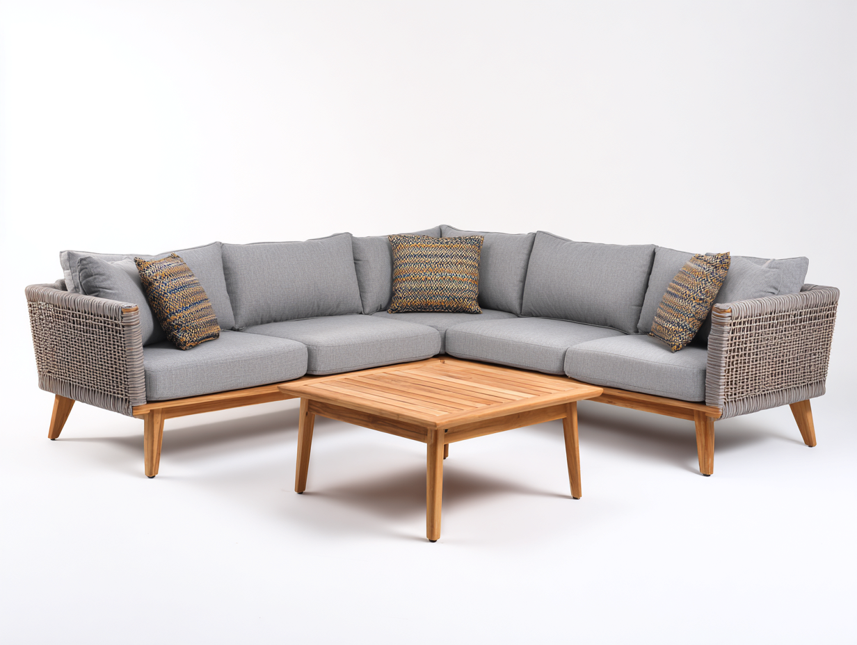 Canapé de jardin - Bois - Corde tressée - Tissu - 250x250x76cm - Gris clair-Bois naturel - Design moderne-Domoynest
