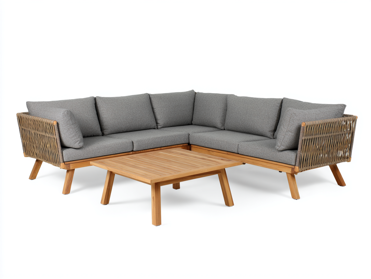 Canapé de jardin - Bois - Corde tressée - Tissu - 245x245x74cm - Gris foncé-Bois naturel - Design contemporain-Domoynest