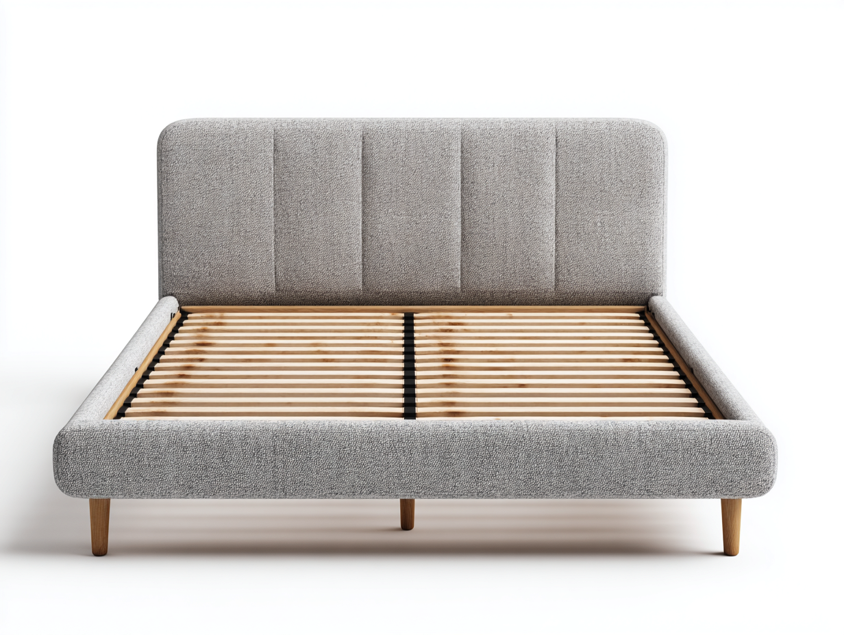Lit double - Tissu-Bois - 213x173x101 cm - Gris clair-Bois naturel - Scandinave-Domoynest