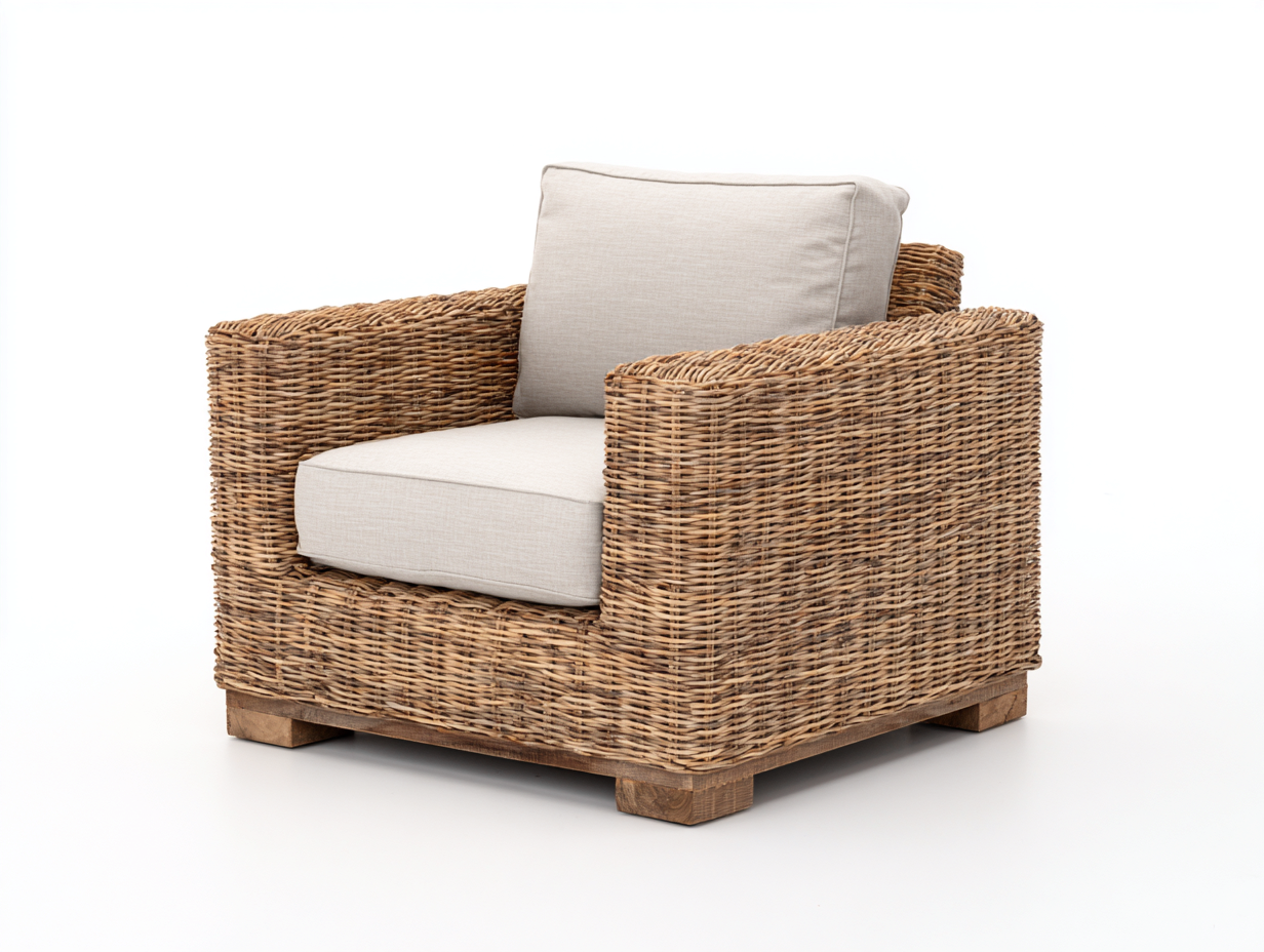 Fauteuil en rotin-rotin-tissu-bois-93x86x79 cm-brun naturel-beige-style rustique-Domoynest