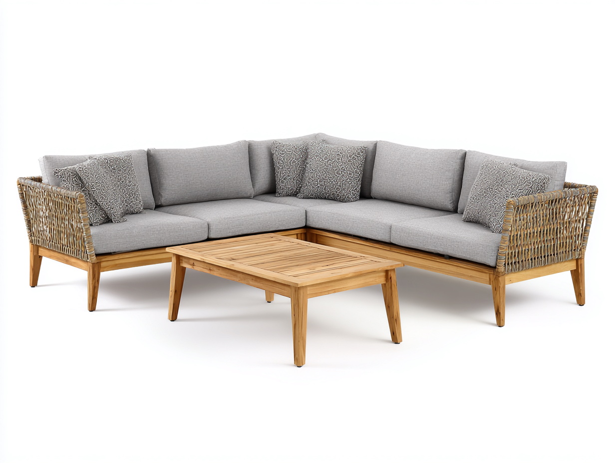 Canapé de jardin - Bois - Corde tressée - Tissu - 245x245x75cm - Gris clair-Bois naturel - Design moderne-Domoynest