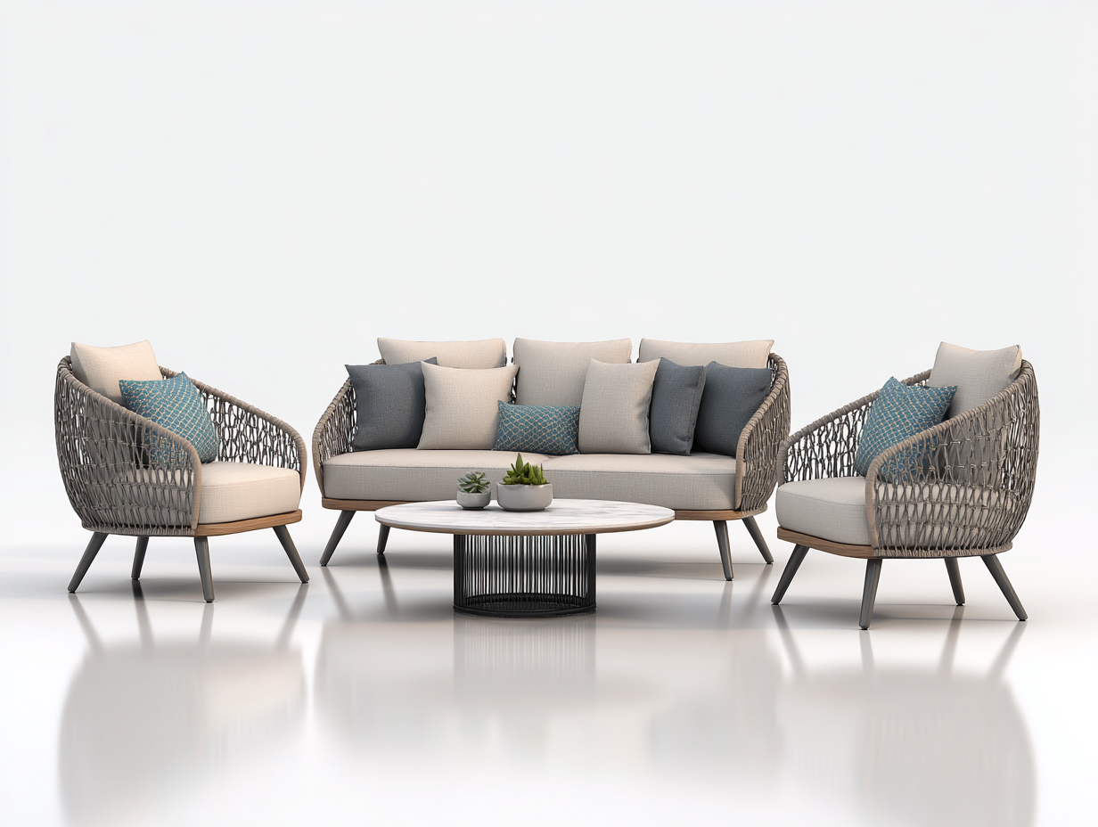 Canapé de jardin - Bois - Corde tressée - Métal - Tissu - 220x78x76cm - Beige-Gris-Noir - Design moderne-Domoynest