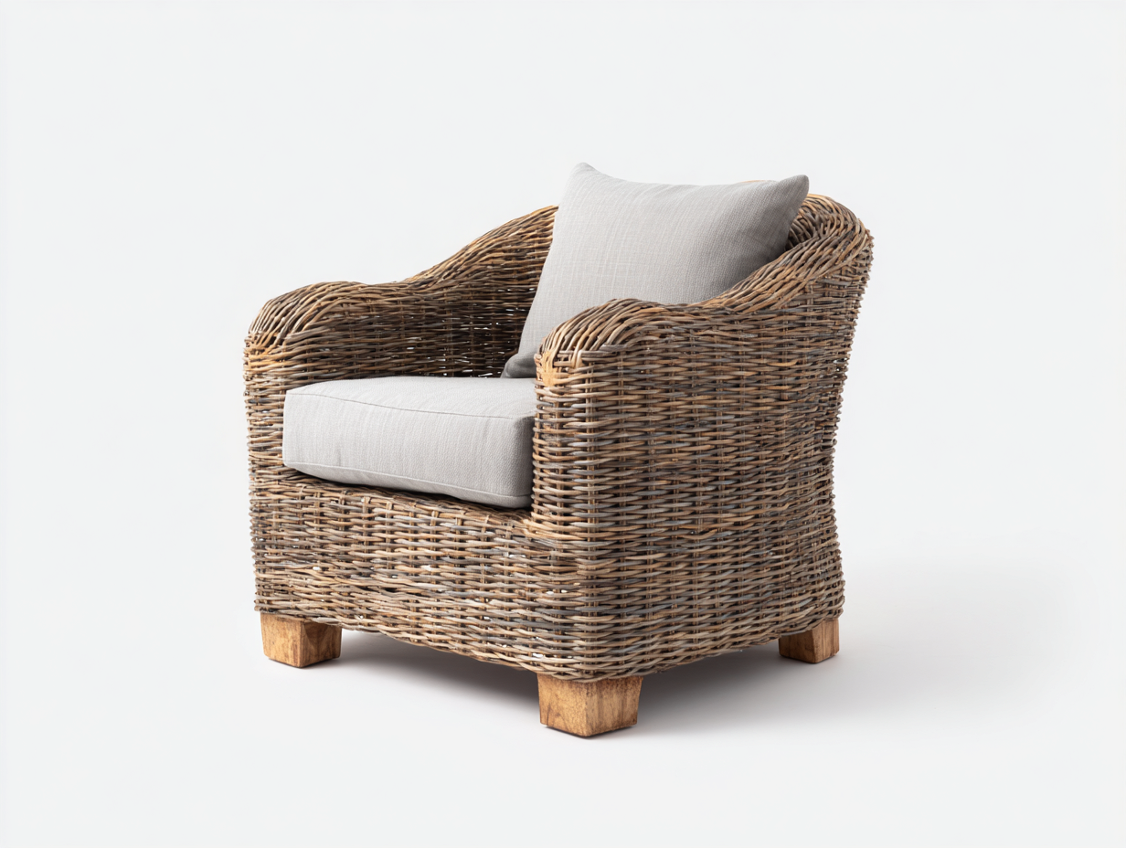 Fauteuil en rotin-rotin-tissu-bois-94x86x82 cm-naturel-grège-style rustique-Domoynest