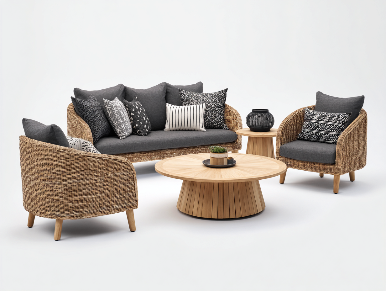 Canapé de jardin - Rotin - Bois - Tissu - 225x86x80cm - Beige-Gris foncé-Bois naturel - Design bohème moderne-Domoynest