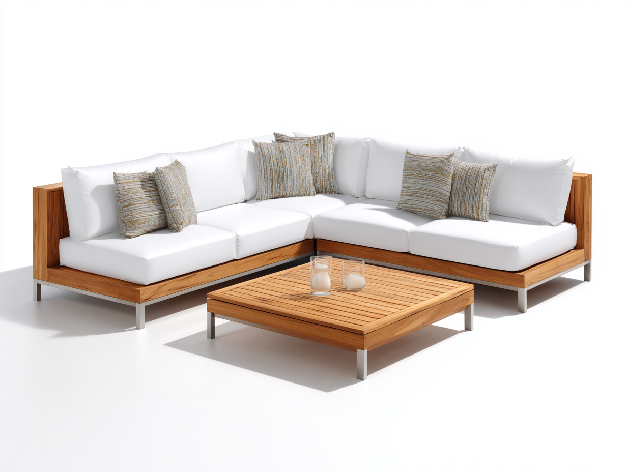 Canapé de jardin - Bois - Métal - Tissu - 245x245x72cm - Blanc-Bois naturel-Argenté - Design moderne-Domoynest