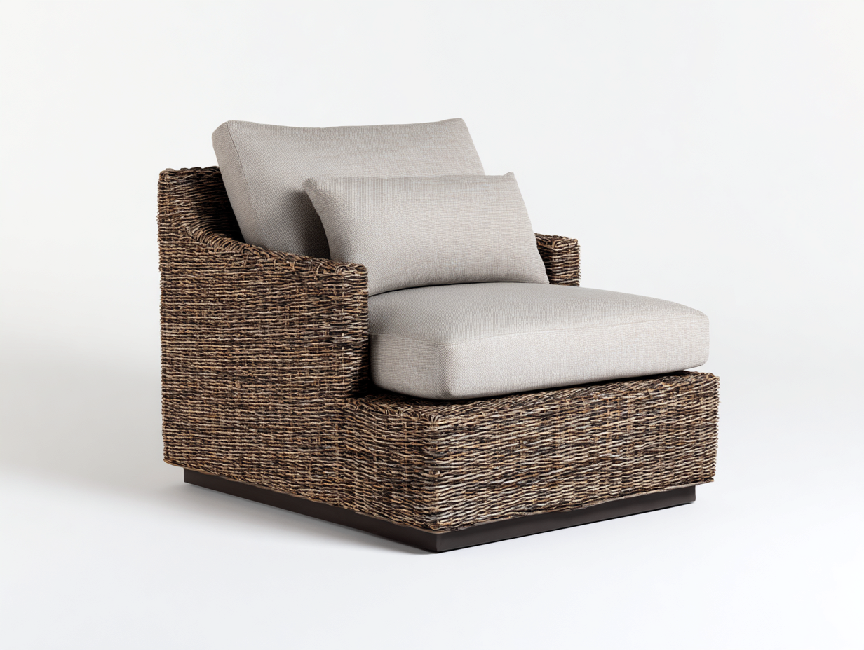 Fauteuil en rotin-rotin-tissu-bois-101x90x78 cm-brun foncé-lin-style lounge-Domoynest