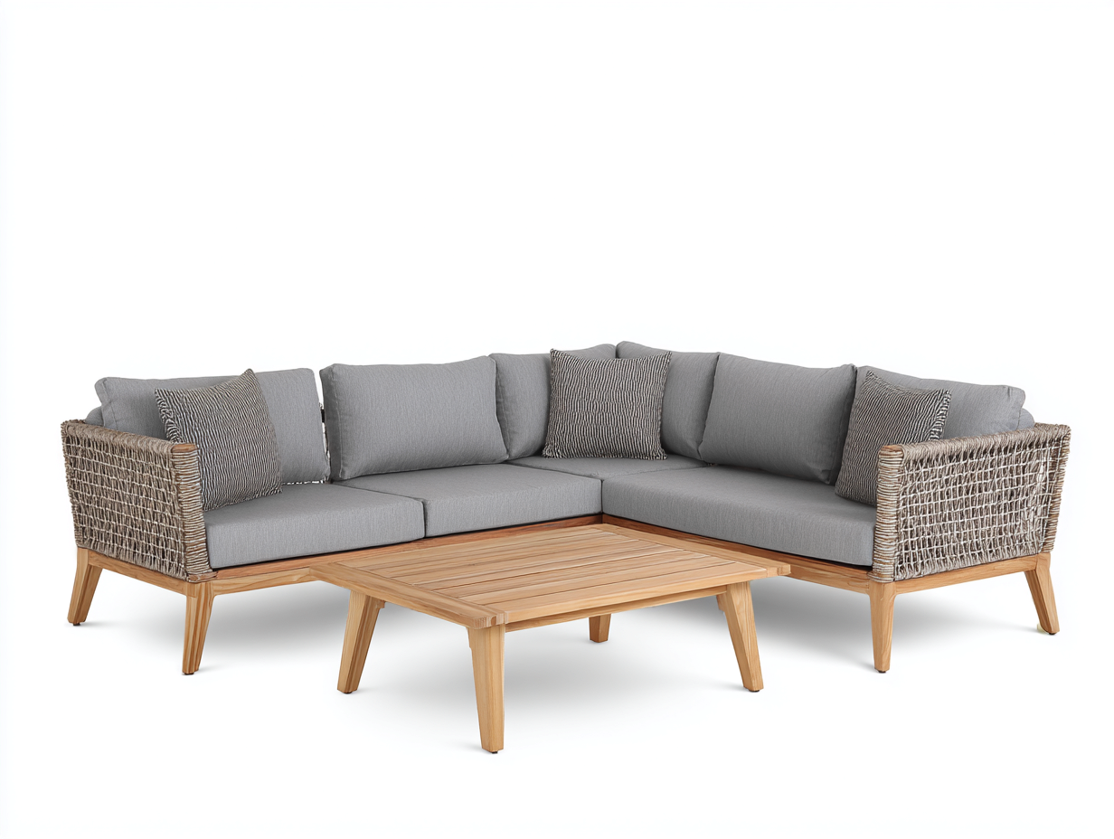 Canapé de jardin - Bois - Corde tressée - Tissu - 245x245x75cm - Gris clair-Bois naturel - Design moderne-Domoynest