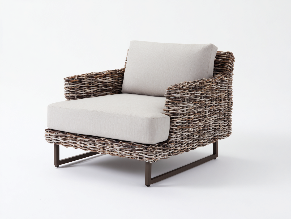 Fauteuil en rotin-rotin-tissu-métal-96x86x79 cm-brun grisé-écru-style industriel naturel-Domoynest