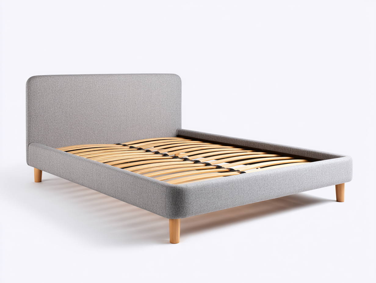 Lit double - Tissu-Bois - 212x170x97 cm - Gris clair-Bois naturel - Moderne-Domoynest
