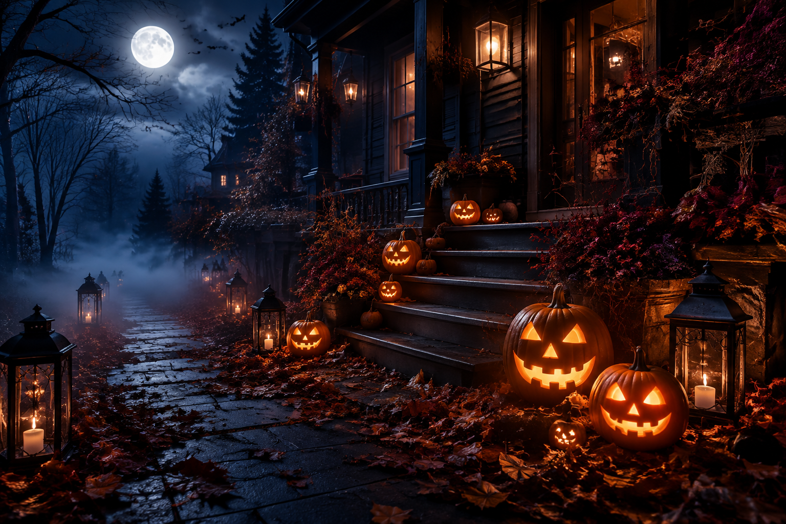 A moonlit Halloween porch with glowing pumpkins