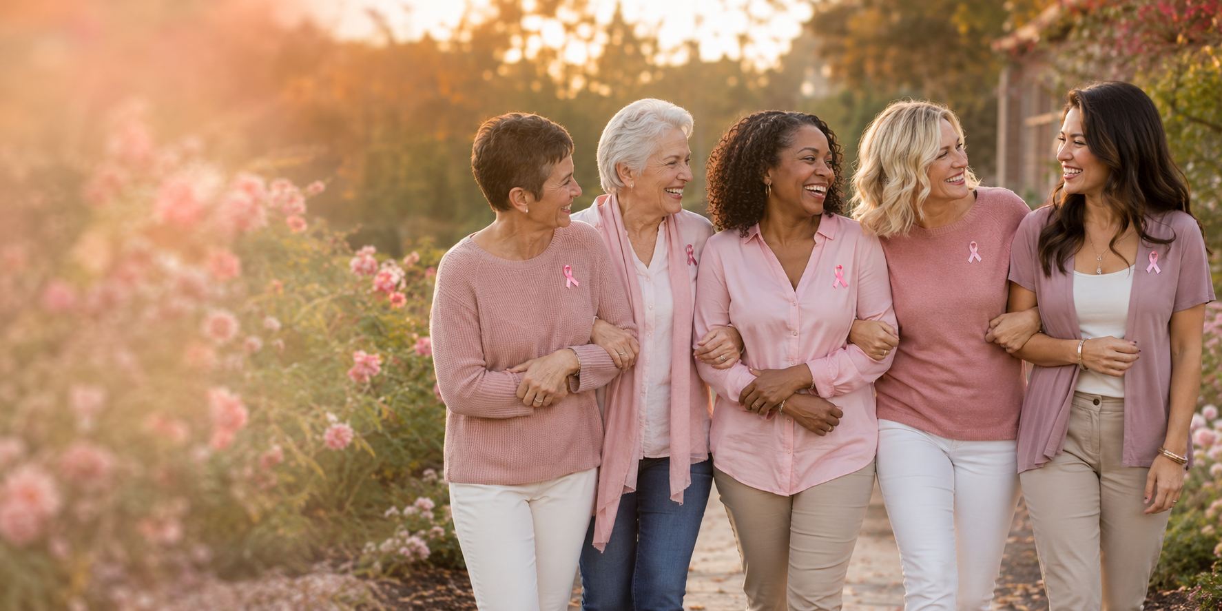 Women standing together in support during Pink October