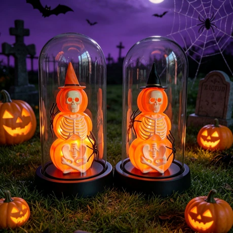 Glowing Skeleton Pumpkin in Glass Dome