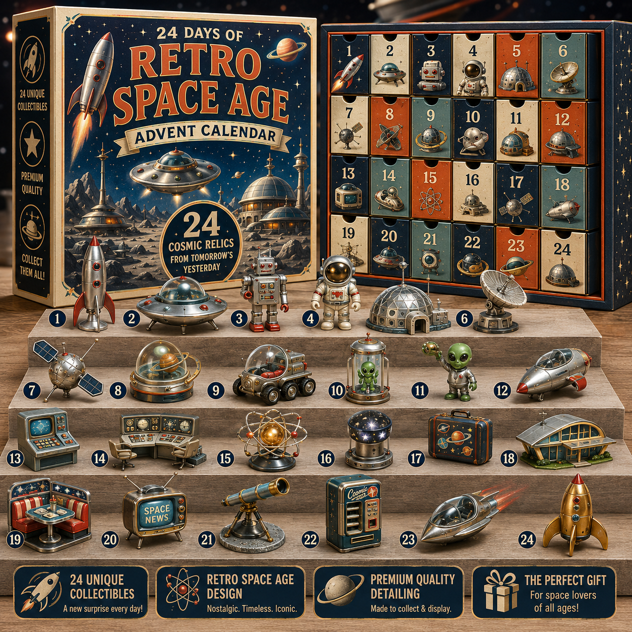 🚀 24 Days of Retro Cosmic Adventures Advent Calendar Collection – 24 Unique Collectibles in Every Set