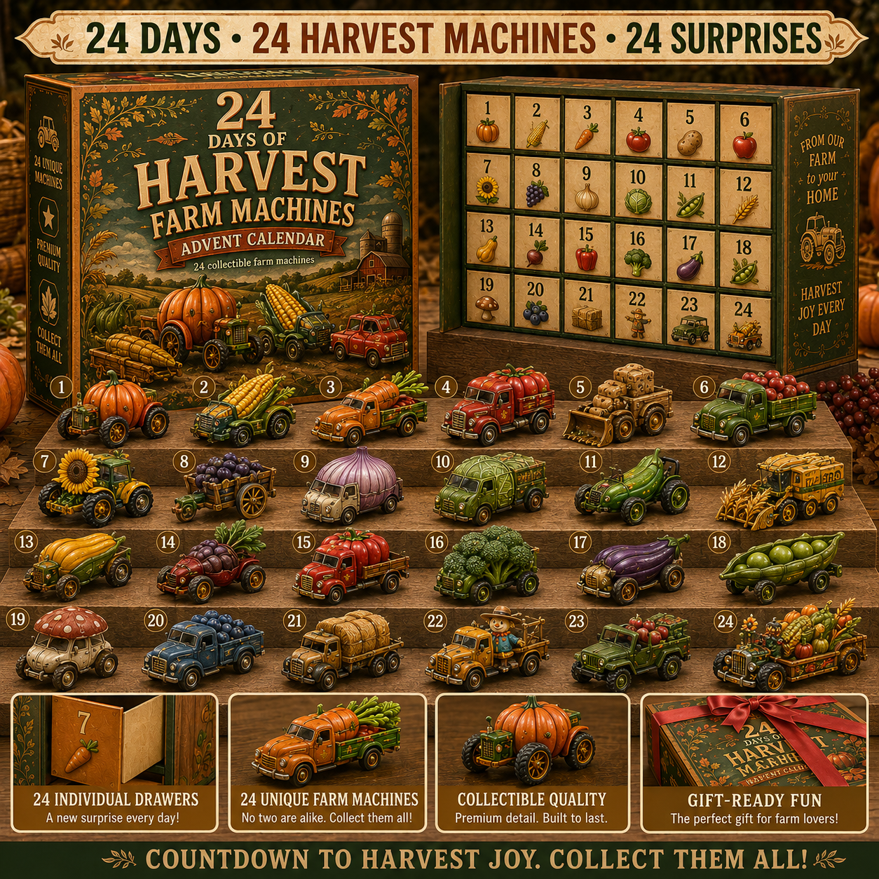 🔥Last Day 50% OFF -🚗 24 Days of Food & Farm Fantasy Rides Advent Calendar Collection – 24 Unique Collectible Vehicles in Every Set