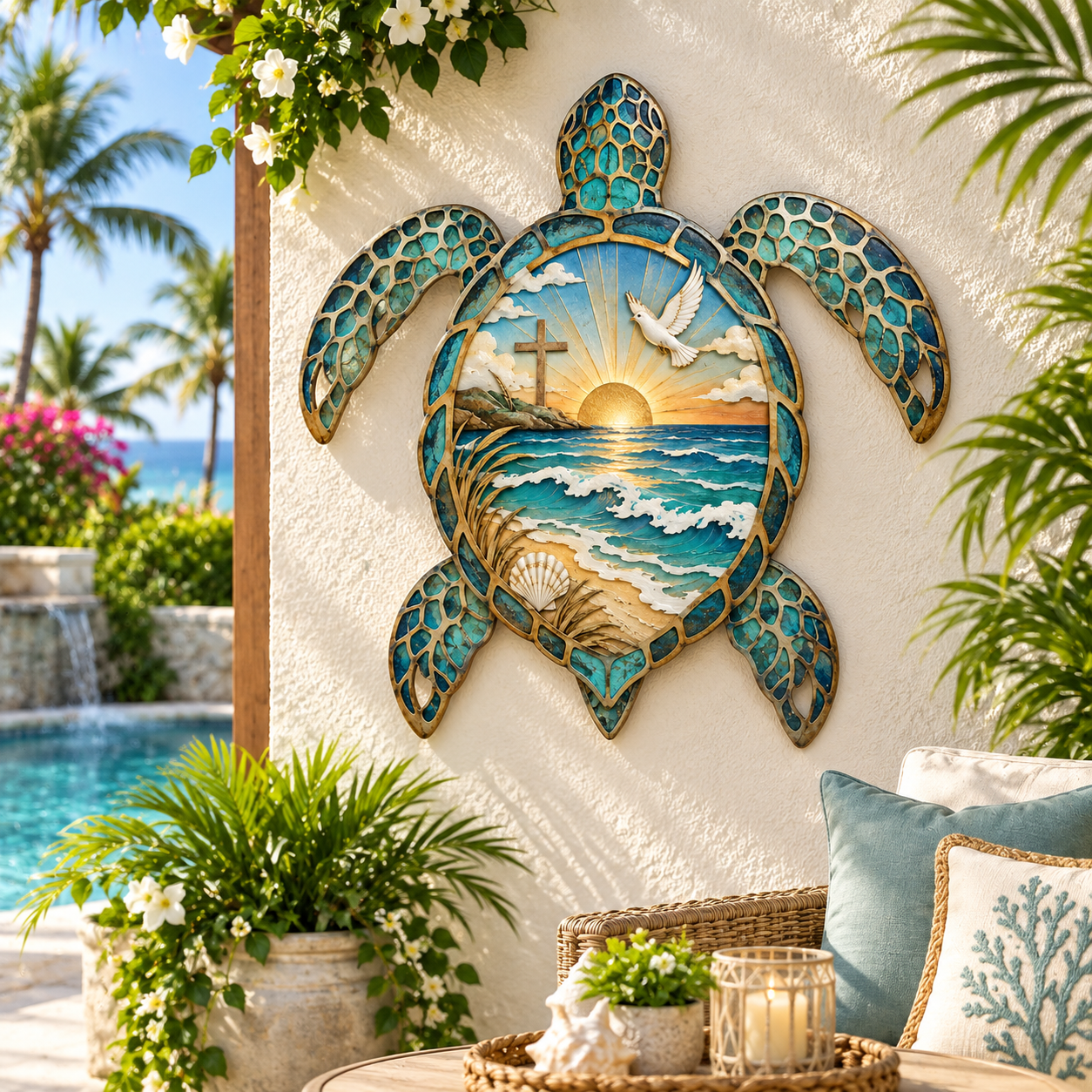 🌊 Faith Meets the Ocean™ Sea Turtle Wall Art – Sunrise, Cross & Dove Coastal Decor