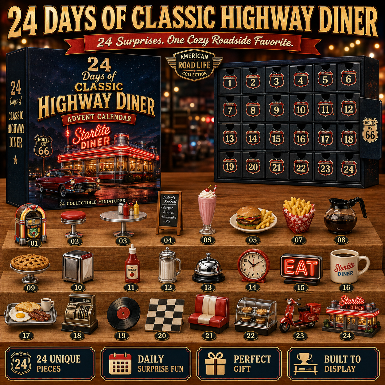 🎁Last Day 50% OFF -🛣️ 24 Days Across Route 66 – American Road Life Advent Calendar Collection
