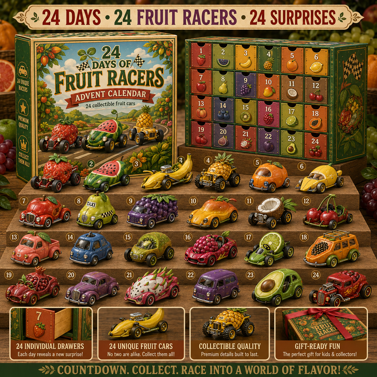 🔥Last Day 50% OFF -🚗 24 Days of Food & Farm Fantasy Rides Advent Calendar Collection – 24 Unique Collectible Vehicles in Every Set