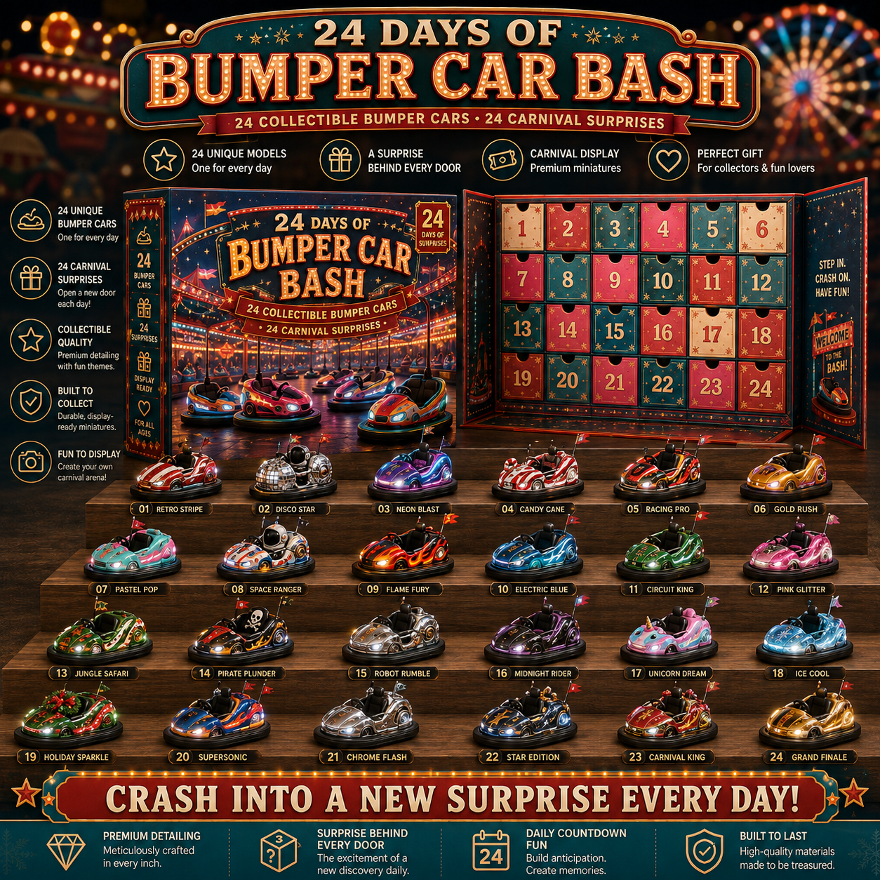 ⏳ Last Day 50% OFF –🎪 24 Days of Wild & Unusual Rides Advent Calendar Collection – 24 Collectible Mini Rides in Every Set