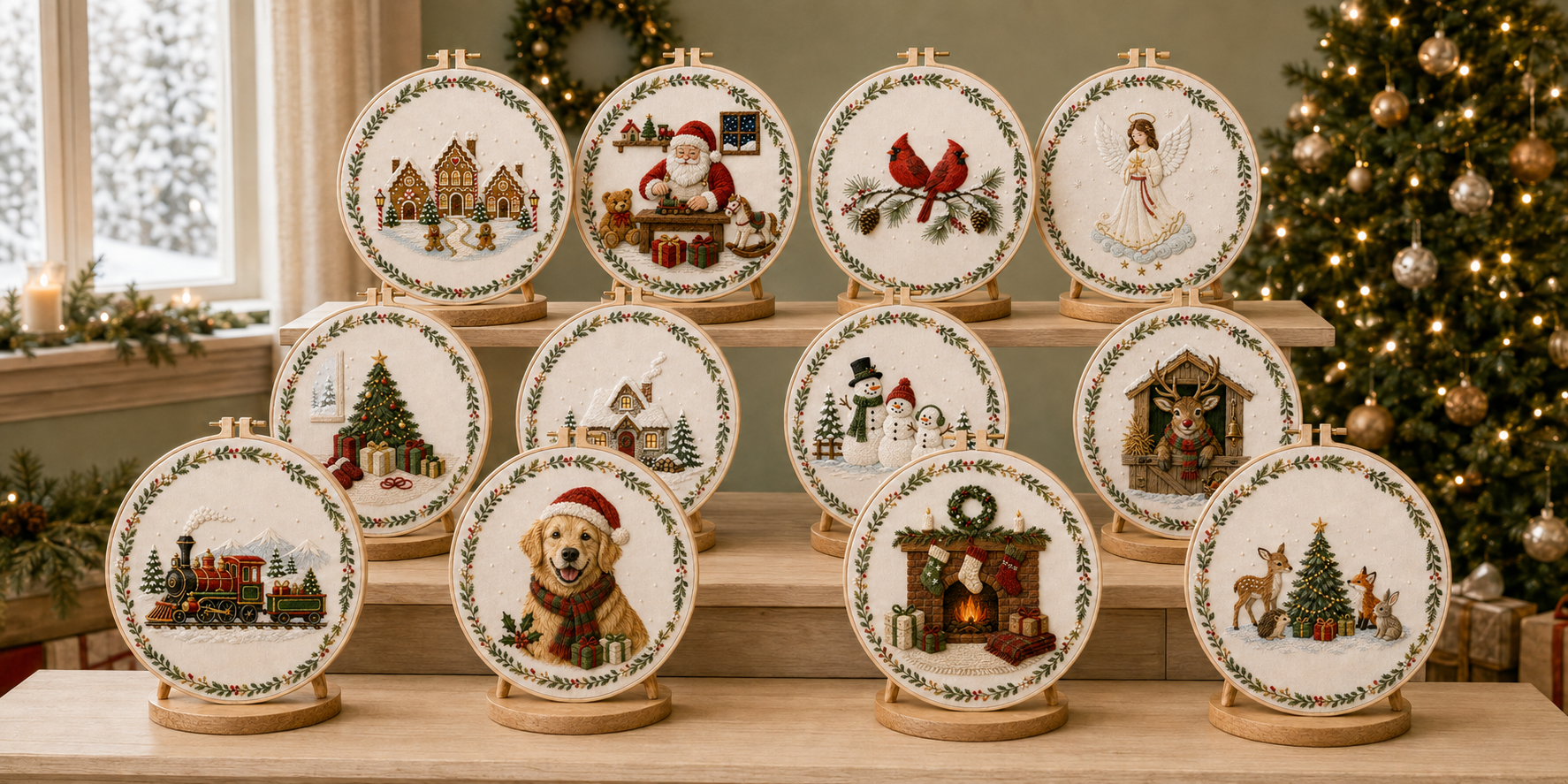 🔥Christmas Story Embroidery Kit Collection  12 Cozy Holiday Designs 🔥🎄Complete DIY Kit Display Stand Included
