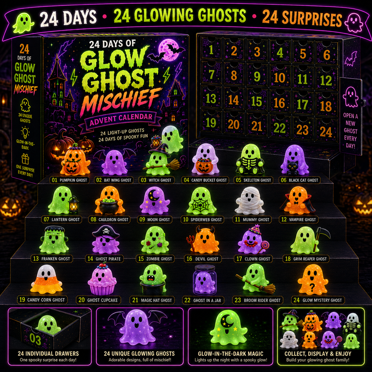⏳ Last Day 50% OFF –👻24 Days of Glowing Ghosts Collection 4 Spooky Worlds • 96 Glowing Spirits • 96 Daily Surprises