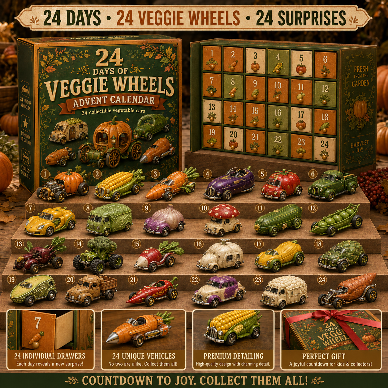 🔥Last Day 50% OFF -🚗 24 Days of Food & Farm Fantasy Rides Advent Calendar Collection – 24 Unique Collectible Vehicles in Every Set