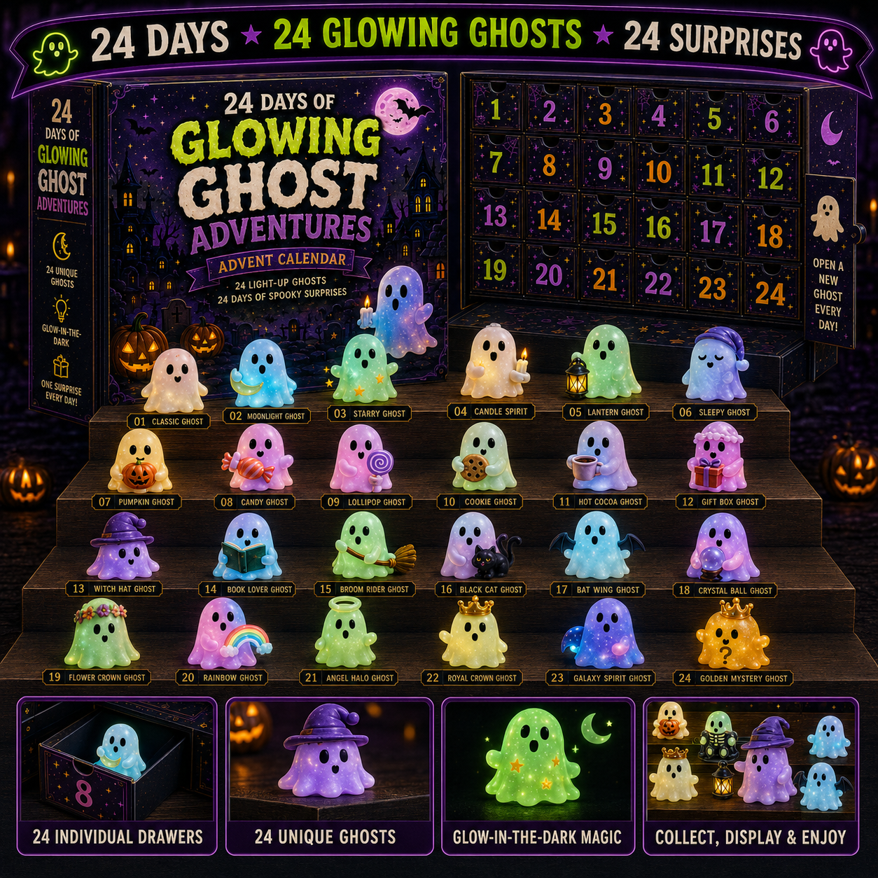 ⏳ Last Day 50% OFF –👻24 Days of Glowing Ghosts Collection 4 Spooky Worlds • 96 Glowing Spirits • 96 Daily Surprises