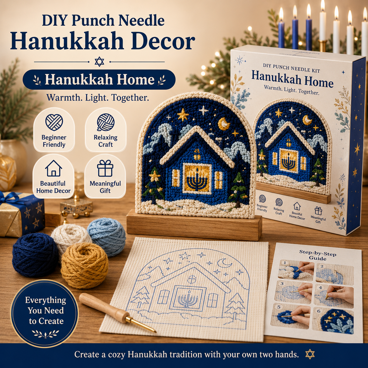 🧵 DIY Hanukkah Punch Needle Decor Kit – 6 Festive Designs