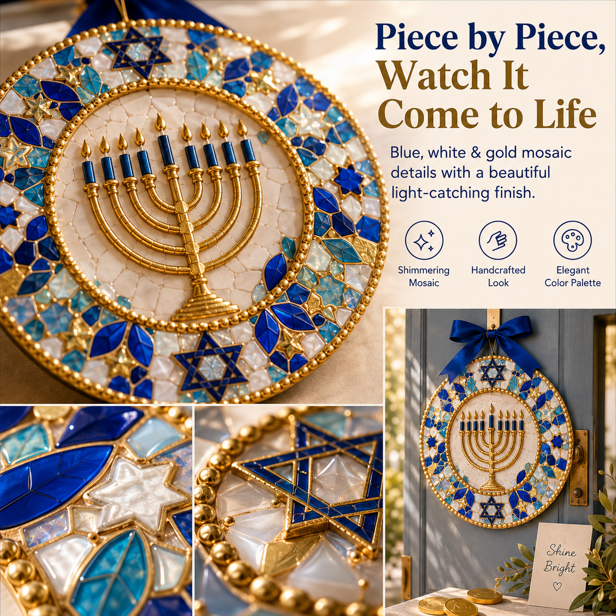 Hanukkah mosaic wreath details