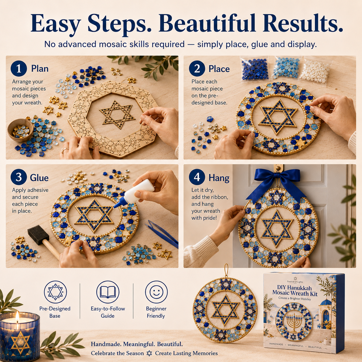 DIY Hanukkah mosaic wreath steps