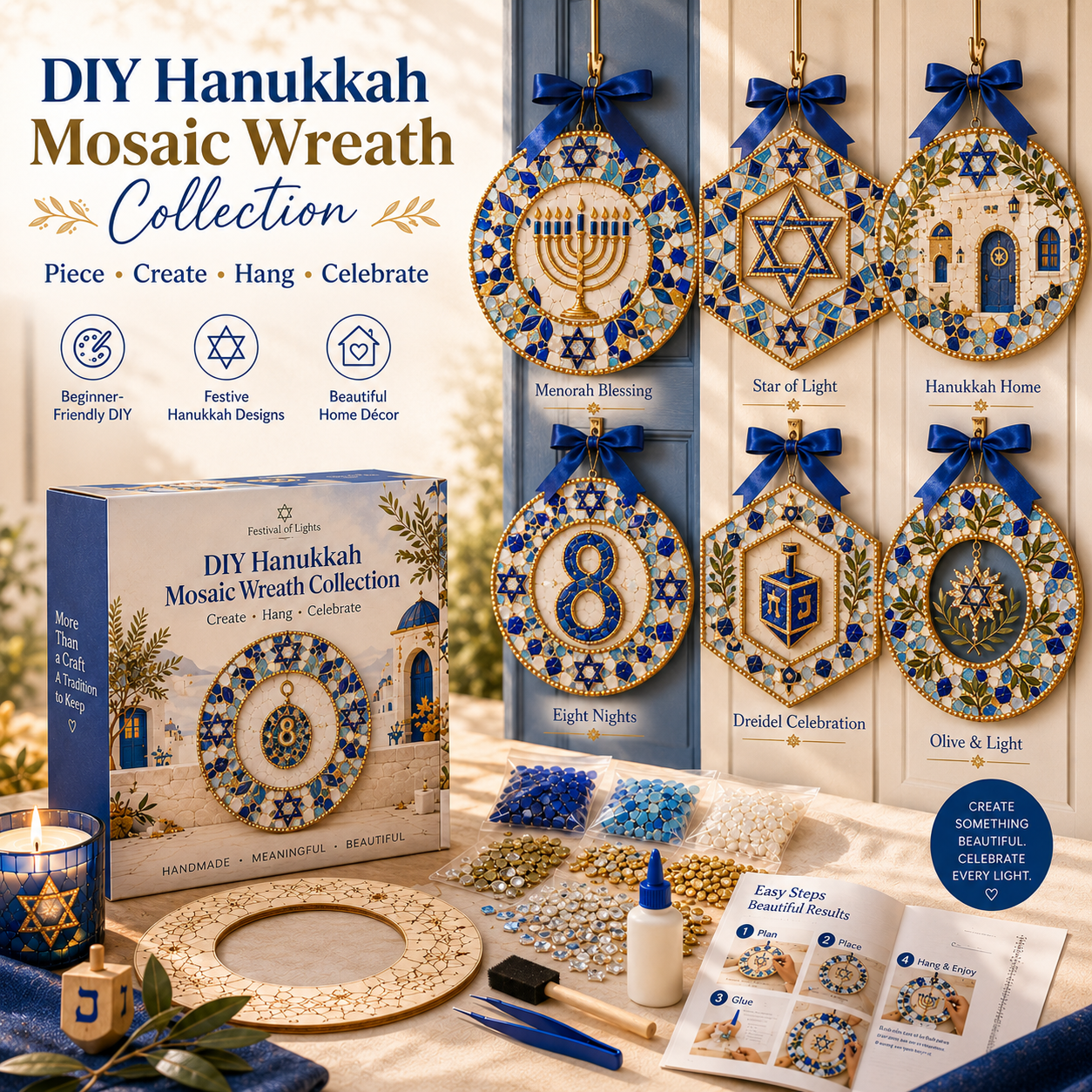 Six Hanukkah mosaic wreath designs