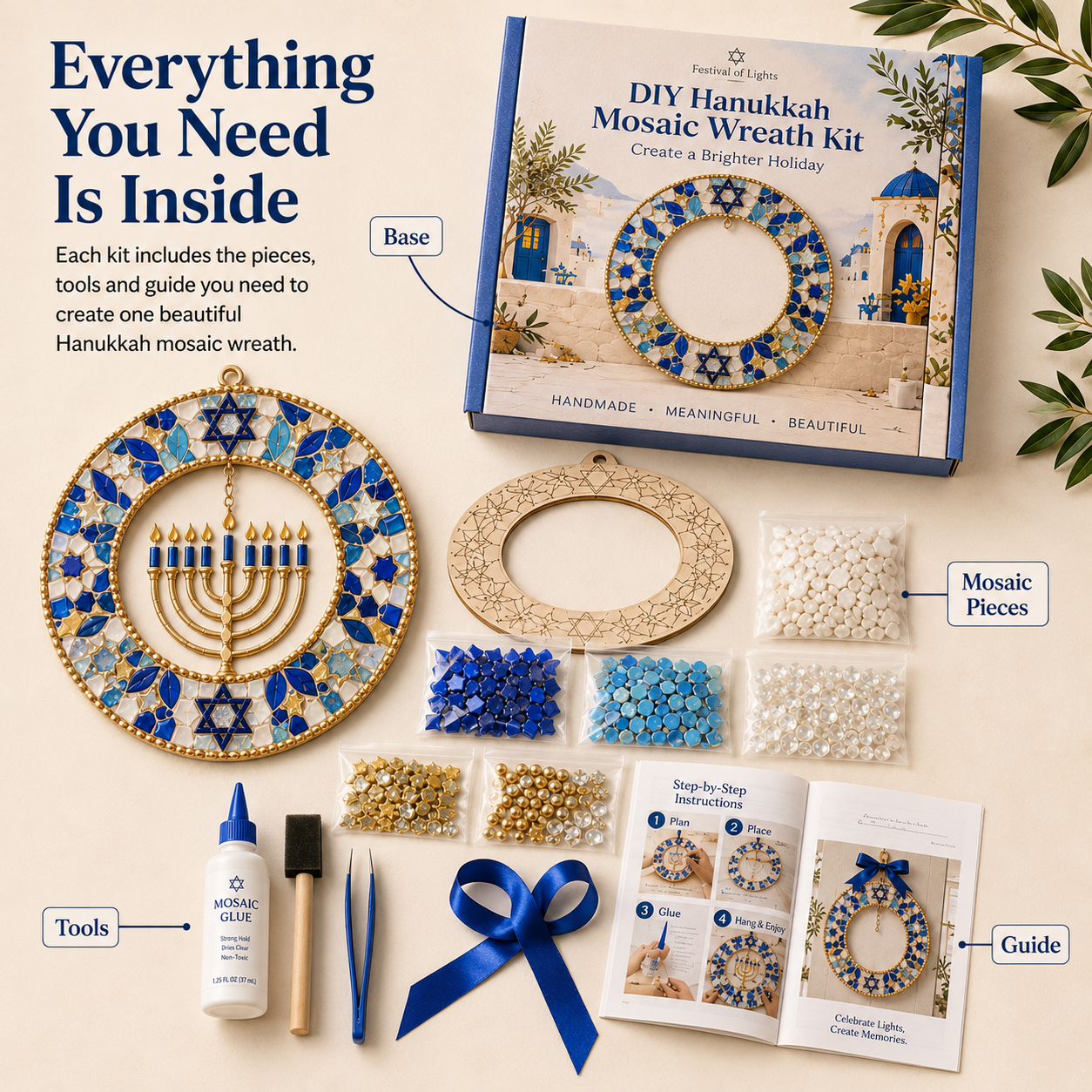 Hanukkah mosaic wreath kit contents