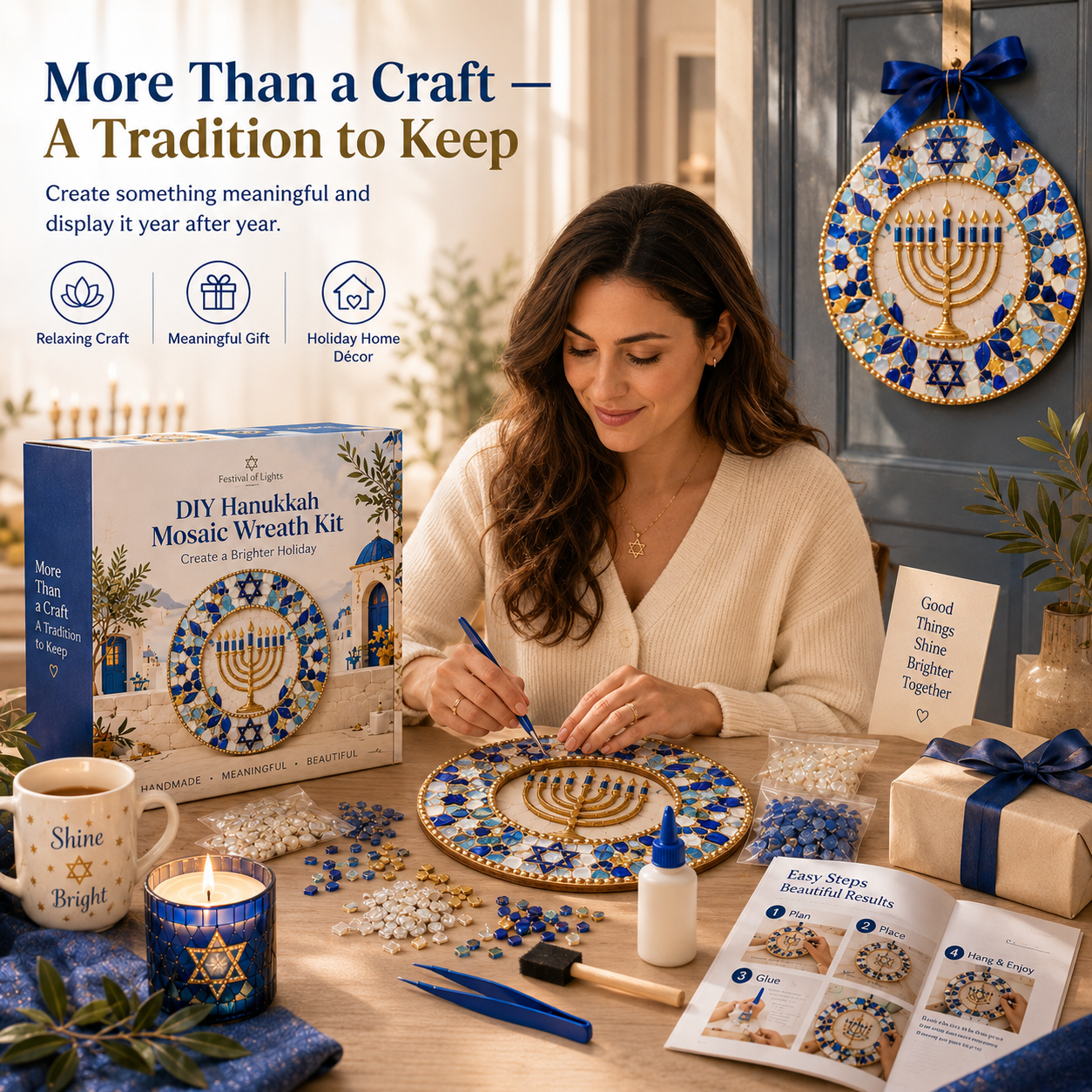 Finished Hanukkah mosaic wreath