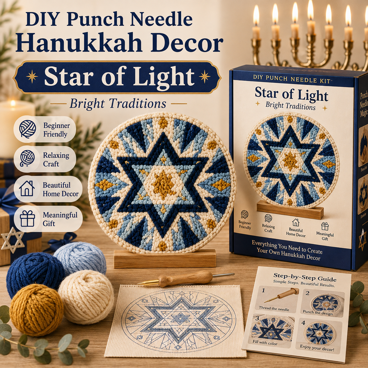 🧵 DIY Hanukkah Punch Needle Decor Kit – 6 Festive Designs