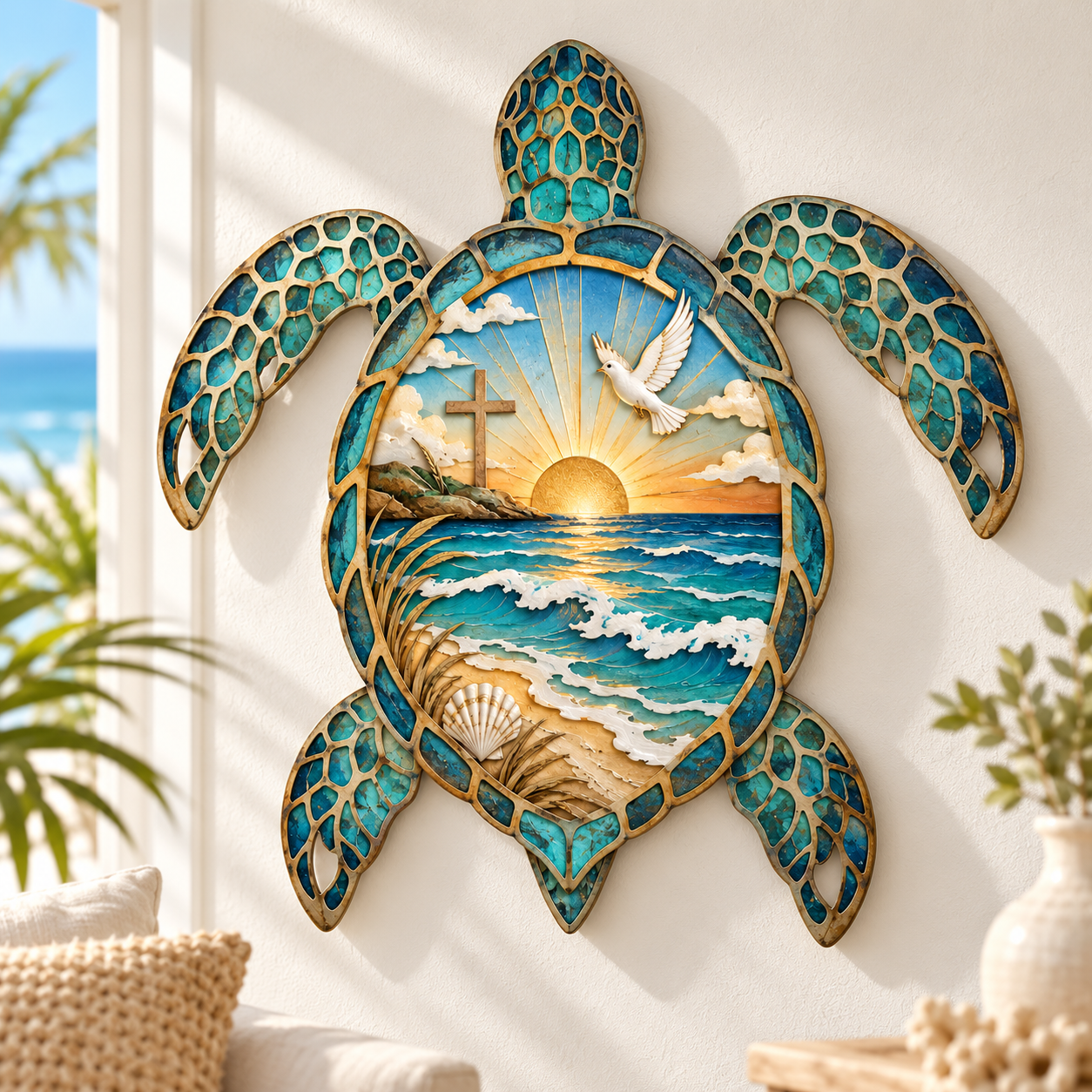 🌊 Faith Meets the Ocean™ Sea Turtle Wall Art – Sunrise, Cross & Dove Coastal Decor